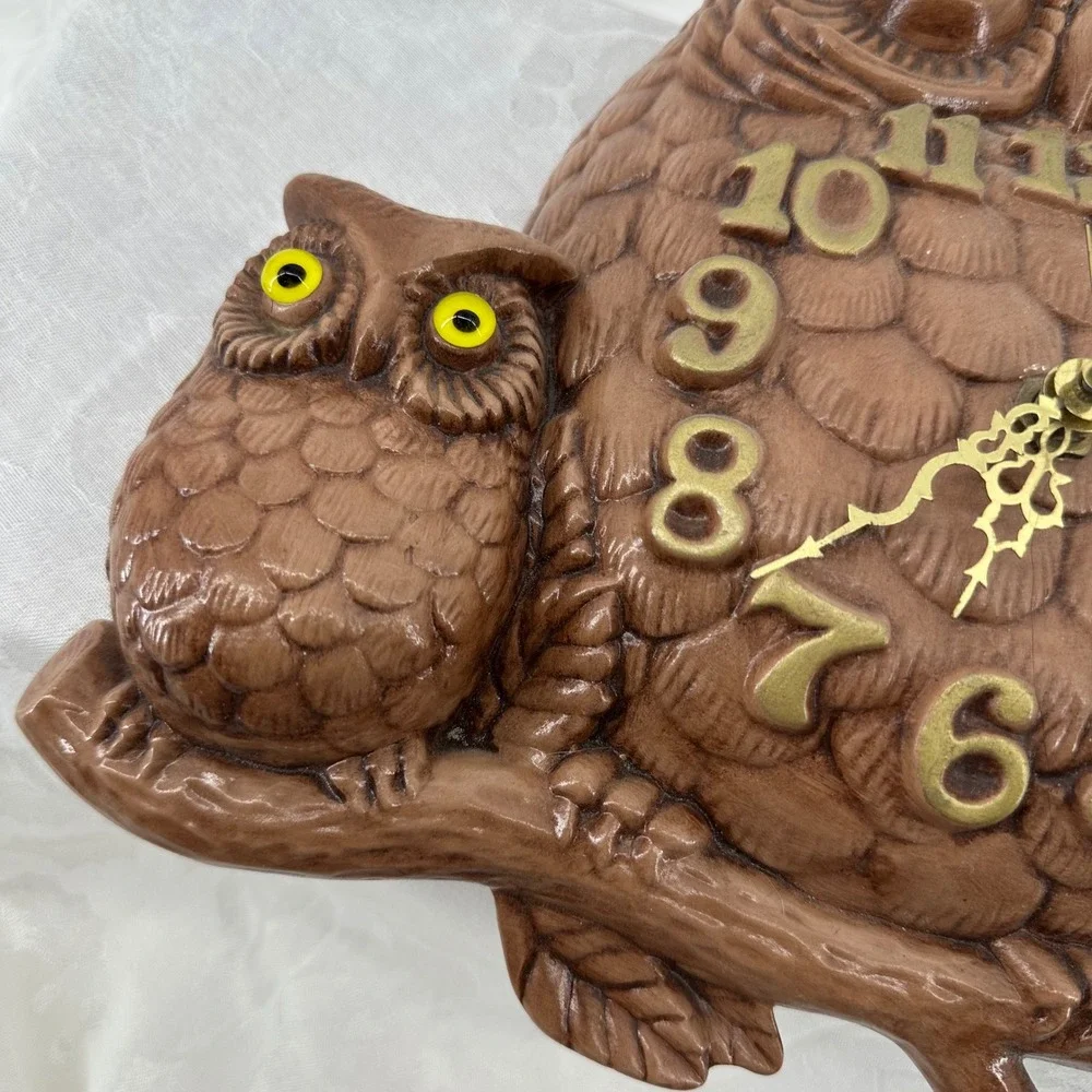 Vintage Ceramic Owl Family Wall Clock Exc Rustic Woodland Decor Retro MCM Kitsch